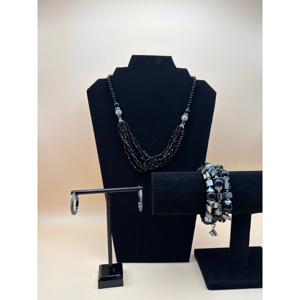Black‎ Multi Strand Beaded Necklace Wrap Bracelet Hoop Earring Jewelry Set 3pc